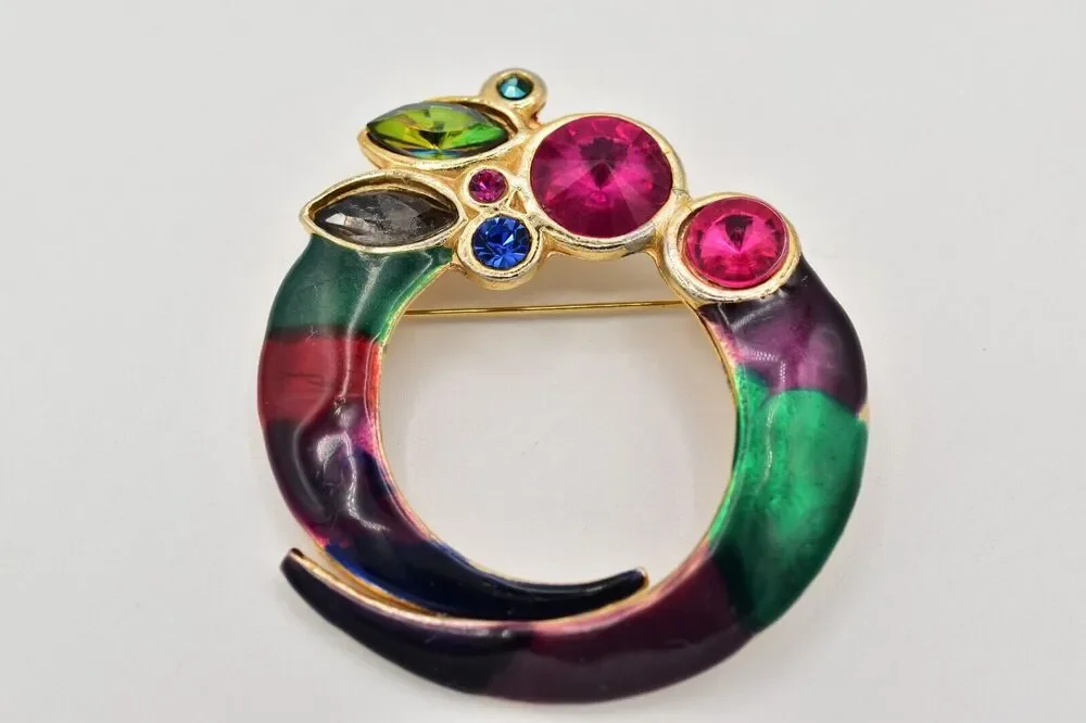 ECD Vintage Crystal Brooch Pin Multi-Color Enamel Gold Chunky 1980s Signed BinBG